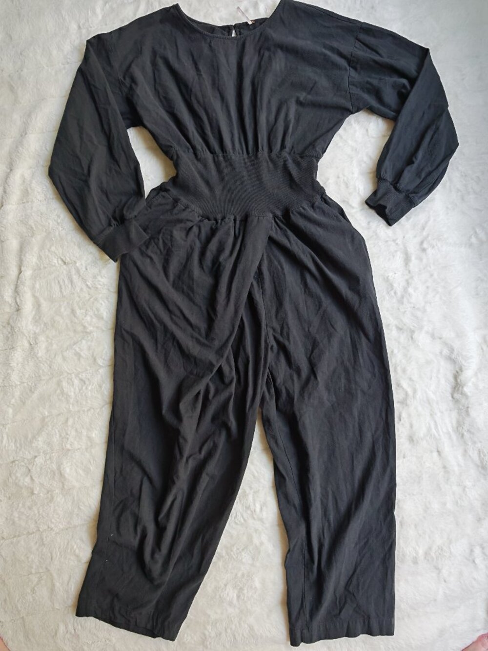Free People Sonika Jumpsuit Black Balloon Sleeve Smocked Waist Size L - Picture 2 of 13